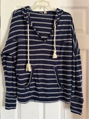 ROXY Navy Blue Striped Hooded Pullover with Rope Drawstrings